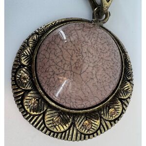 Vintage Bronze Mauve Cracked Stone Pendant Necklace Rhinestone Accents 14 Inch